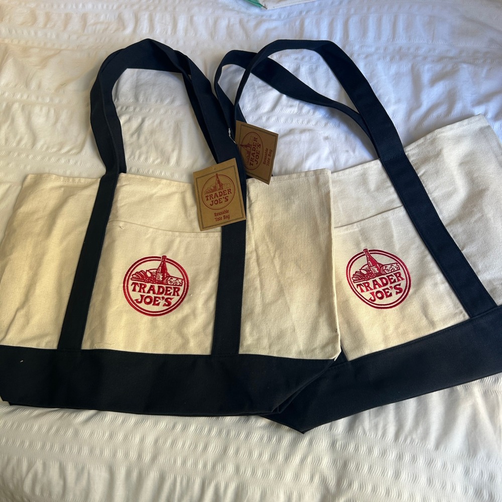 Set of 2 Navy Blue Trader Joe's Canvas Tote Reusable Grocery Bag NWT